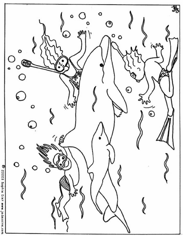 Children in the middle of dolphins coloring pages - Hellokids.com