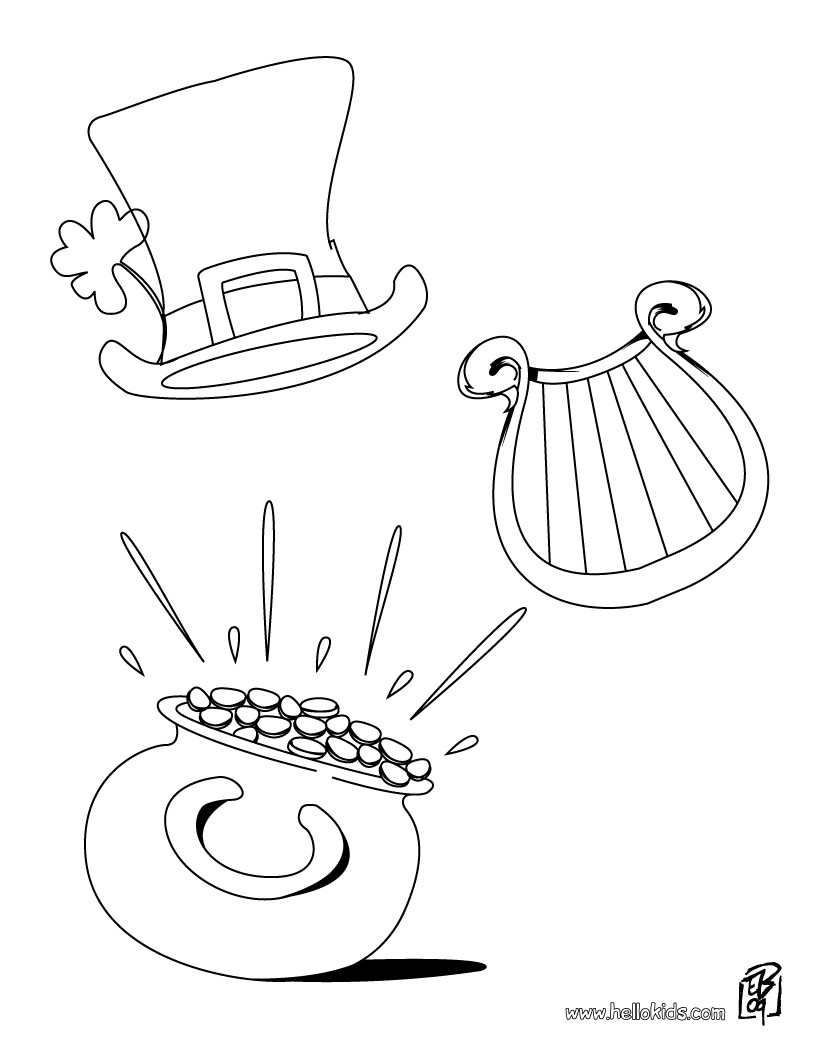 Pot of gold, harp and hat coloring pages - Hellokids.com