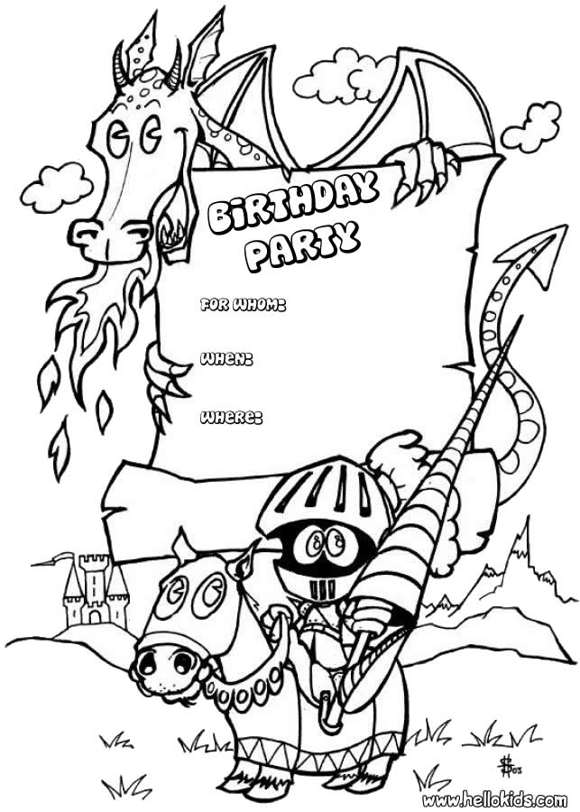 Birthday Cards Coloring Pages Printable Fairy Party Invitation Dragon Page