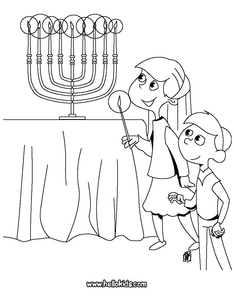 Kids lighting the menorah coloring pages