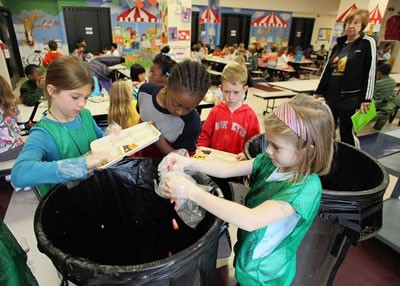 children sorting lunch waste for compost