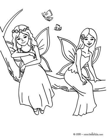 Fairies seated on a tree coloring page