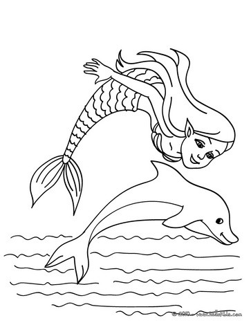 Mermaid with a dolphin coloring pages - Hellokids.com