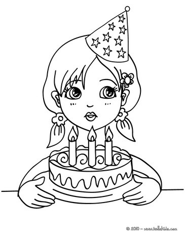 Gilr blowing her birthday cake candles coloring page