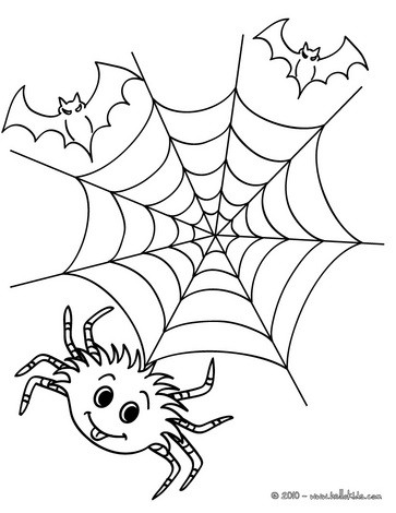 Coloring Pages Halloween on Spider Web And Bats Coloring Page   Halloween Spider Coloring Pages