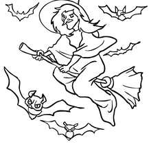 Witch flying with bats coloring page - Coloring page - HOLIDAY coloring pages - HALLOWEEN coloring pages - HALLOWEEN WITCH coloring pages - WITCH ON BROOMSTICK coloring pages