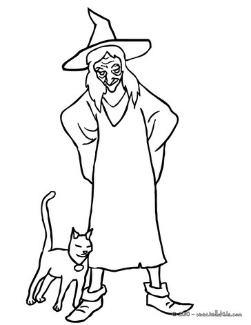 Witch with black kitten coloring pages - Hellokids.com