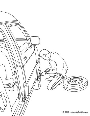 Man changing the wheel coloring page