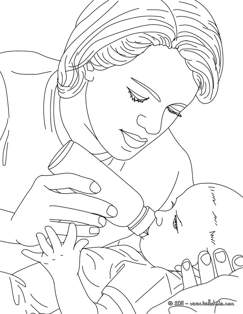 Pediatric nurse bottle-feeding a new born baby coloring pages