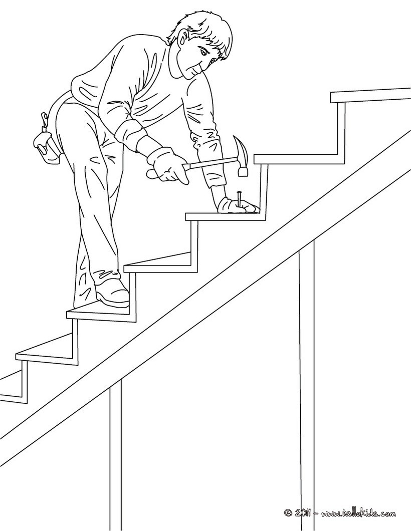 Carpenter on wood stairs coloring pages - Hellokids.com