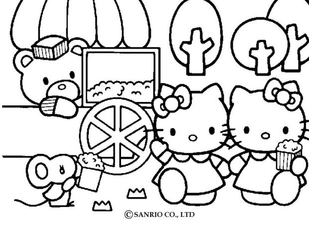 Hello kitty eating popcorns with friends coloring pages ...