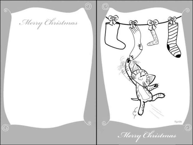 Christmas stocking and cat themed greeting card worksheet