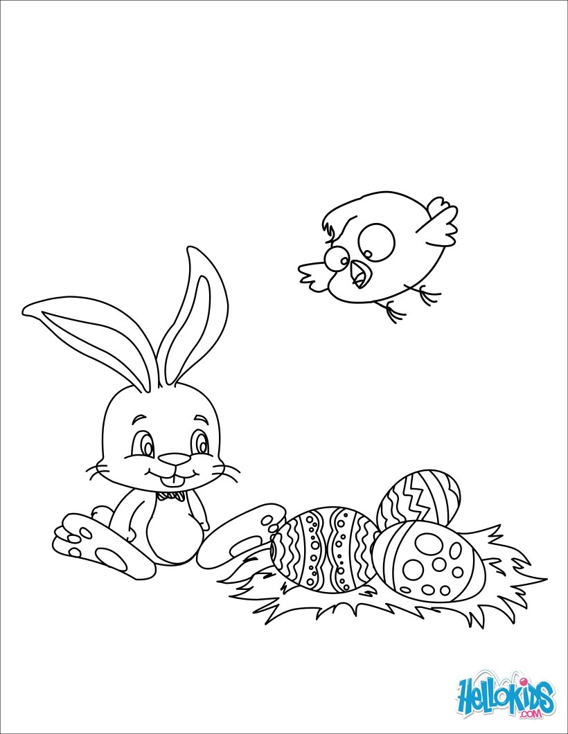 Rabbit and pencil Bunny chick and Easter nest coloring page