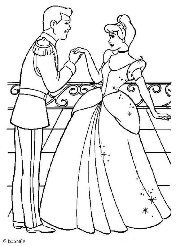 Cinderella with the prince charming coloring pages