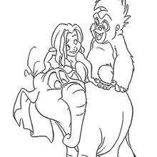 Tarzan and Tchita on the elephant coloring page
