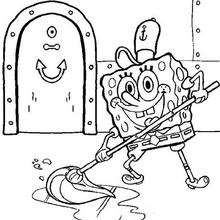 Sponge Bob mopping the boat floor - Coloring page - CHARACTERS coloring pages - TV SERIES CHARACTERS coloring pages - SPONGE BOB coloring book pages - SPONGE BOB to color