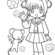 Sakura in her school uniform and Kereberus - Coloring page - MANGA coloring pages - SAKURA coloring pages