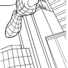 Spiderman jumping across buildings coloring page