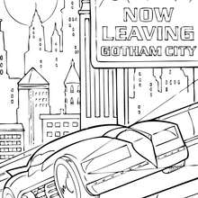 Batmobil in Gotham city coloring page