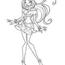 Flora wearing a strawberry skirt coloring page