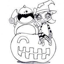 Jenny and a halloween pumpkin - Coloring page - HOLIDAY coloring pages - HALLOWEEN coloring pages - TRICK or TREAT coloring pages