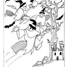 Halloween Ghosts on their brooms coloring page - Coloring page - HOLIDAY coloring pages - HALLOWEEN coloring pages - GHOST coloring pages