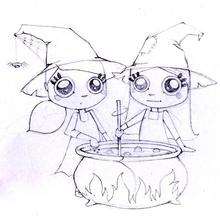 Halloween Twin Witches - Coloring page - HOLIDAY coloring pages - HALLOWEEN coloring pages - TRICK or TREAT coloring pages