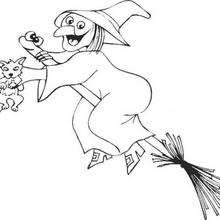 Halloween witch on a broom coloring page - Coloring page - HOLIDAY coloring pages - HALLOWEEN coloring pages - HALLOWEEN WITCH coloring pages - WITCH ON BROOMSTICK coloring pages