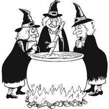 Witches making halloween magic potion coloring page - Coloring page - HOLIDAY coloring pages - HALLOWEEN coloring pages - HALLOWEEN WITCH coloring pages - WITCH POTION coloring pages