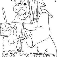 Witch painting a frog coloring page - Coloring page - HOLIDAY coloring pages - HALLOWEEN coloring pages - HALLOWEEN WITCH coloring pages - WITCH ONLINE coloring pages