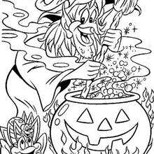 Halloween witch making a magic potion coloring page - Coloring page - HOLIDAY coloring pages - HALLOWEEN coloring pages - HALLOWEEN WITCH coloring pages - WITCH POTION coloring pages