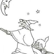 Witch and black cat under the moonlight coloring page