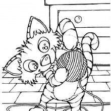 Cat and its ball of wool coloring page
