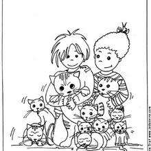 Children in the middle of cats coloring page