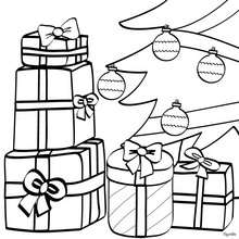 Wrapped gifts and Xmas tree coloring page