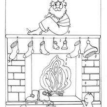 Santa's wet socks over the fireplace coloring page