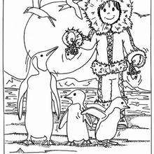 Eskimo with penguins coloring page - Coloring page - ANIMAL coloring pages - BIRD coloring pages - PENGUIN coloring pages