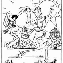 Children on ostrichs coloring page