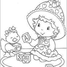 Apple Dumplin playing with bird coloring page - Coloring page - GIRL coloring pages - STRAWBERRY SHORTCAKE coloring pages