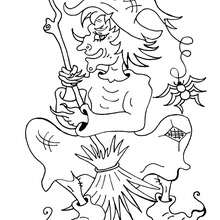 Sorceress flies on broomstick coloring page