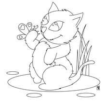 Kitten playing with butterfly coloring page