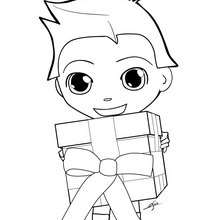 Young boy with Christmas present coloring page