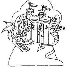 Dragon in the castle coloring page - Coloring page - FANTASY coloring pages - DRAGON coloring pages - FUNNY DRAGON coloring pages