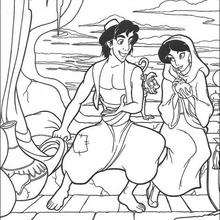 Jasmine, Aladdin and Abu coloring page