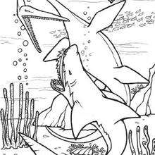 Dinosaur with prehistoric shark coloring page