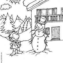 Snowman in front of the mountain chalet coloring page