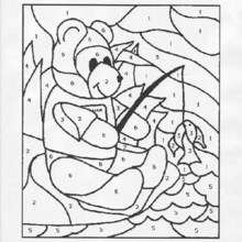 Fishing bear color by number - Coloring page - COLOR by NUMBER coloring pages - ANIMAL Color by Number coloring pages - WILD ANIMAL color by number - BEAR