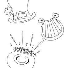 Pot of Gold, Harp and Hat coloring page