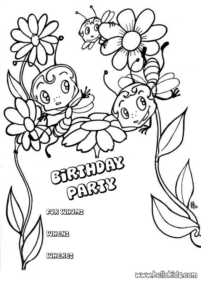 Bees : birthday party invitation coloring pages - Hellokids.com