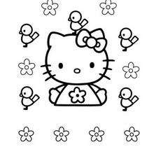 Hello Kitty and birds coloring page